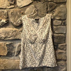 Eddie Bauer - Tank - Floral - Lace Trim - Blue & White - V Neck - Silk- Sz S